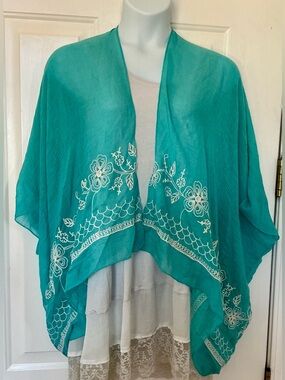 Turquoise Embroidered Open-Front Cape